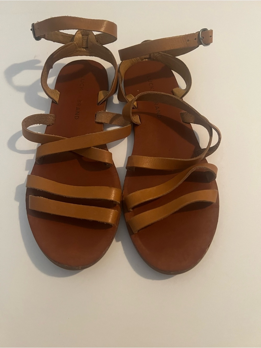 Lucky Brand Womens Tan Leather Gladiator Sandals Strappy Flat Ankle Wrap Shoes